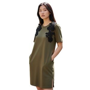 Scotch & Soda Olive Green Midi Cotton T-Shirt Dress with Black lace Trim XS